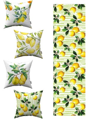 Sarı Yeşil Limon Desenli 4'lü Kırlent Kılıfı 1 Runner Seti 4KMBS92-RS-02