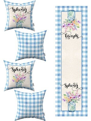 Mavi Beyaz Bahar Temalı Çiçek Desenli 4'lü Kırlent Kılıfı 1 Runner Seti 4KMBS269-RS