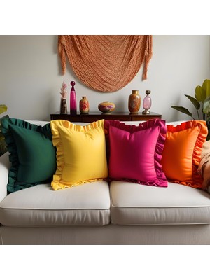 4'lü Çam Yeşili - Sarı- Turuncu-Fuşya Country Fırfırlı Kare Kırlent Kılıfı Seti Vintage,bohem 4 Ade