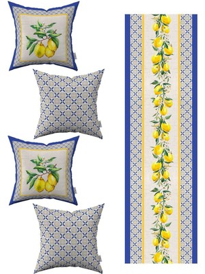 Mavi Sarı Dekoratif Limon Desenl 4'lü Kırlent Kılıfı 1 Runner Seti 4KMBS250-RS