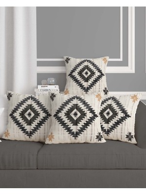Yerli Amerikan Gri Krem Etnik Dekor Stili Dijital Baskılı Hediyelik 4'lü Kırlent Yastık Kılıfı Seti