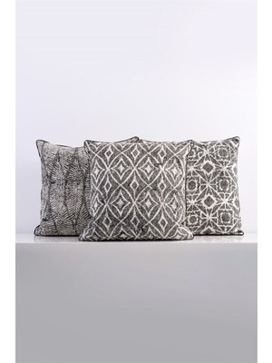 Bej Siyah Etnik Desen Baskılı Arkası Düz Keten 45X45 cm Kare Kırlent Kılıfı