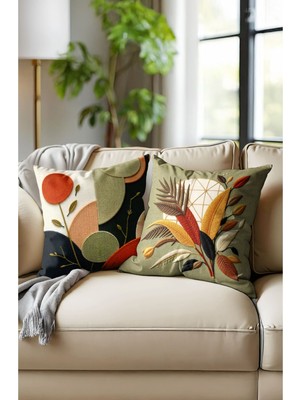 Haki Soyut Nakış Desenli Dijital Baskılı Kırlent Kılıfı. Çift Taraflı 2'li Set