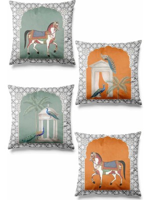 Çift Tarafı Baskılı Antik Bahçe Desenli 4'lü Set Süet Kırlent Kılıf