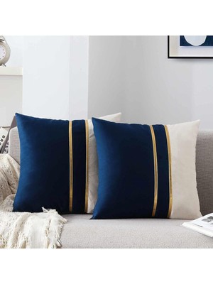 2 Adet Altın Deri Şeritli Kadife Görünümlü Dekoratif Kırlent Kılıfı