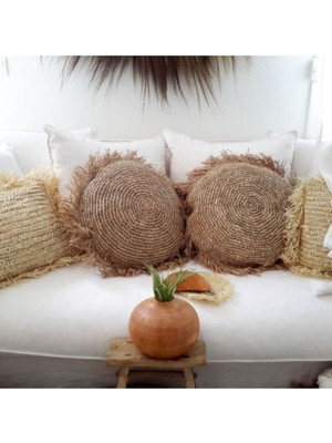 Kıraft Rafya Hasır Örgü Kırlent Kılıfı Yuvarlak Tekli