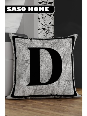 Gri Harfli Kırlent Yastık Kılıfı - D Harfi - Gri Zemin Dekoratif Hediyelik Kırlent Kılıfı