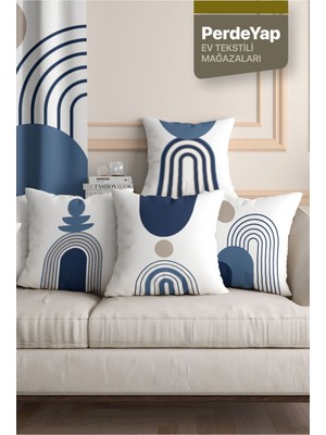 Beyaz Zemin Üzerine Lacivert Geometrik Desenli 4lü Dijital Baskılı Kırlent Kılıfı 43 x 43 cm