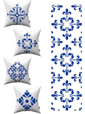 Beyaz Mavi Modern Etnik Karo Desenli 4'lü Kırlent Kılıfı 1 Runner Seti 4KMBS98-RS-02