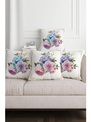 Beyaz Zemin Pembe Mor Çiçek Desenli Dijital Baskılı Dekoratif 4lü Kırlent Kılıfı Seti