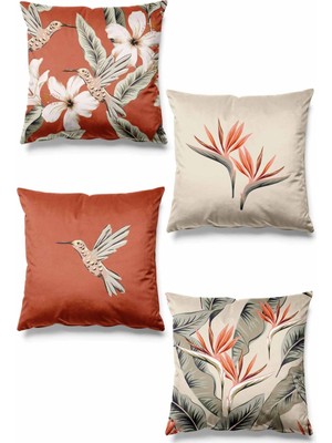 Çift Tarafı Baskılı Kiremit Hibiskus Desenli 4'lü Set Süet Kırlent Kılıfı