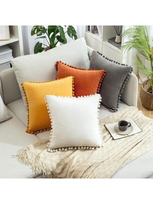 Sonbahar Serisi 4'lü Ponponlu Kırlent Kılıfı 4 Adet 43 x 43 cm , Gri, Krem, Hardal, Kiremit