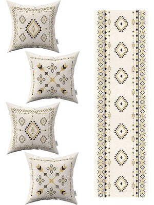 Krem Siyah Etnik Kilim Desenli 4'lü Kırlent Kılıfı 1 Runner Seti 4KMBS267-RS