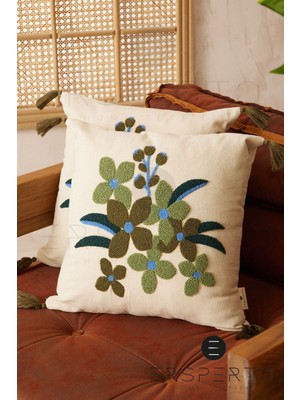 Çiçek Püsküllü Keten Dekoratif Kırlent Kılıfı Yastık Kılıfı 1 Adet 43X43CM