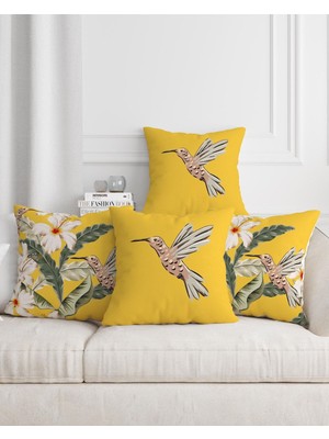 Sarı Hibiskus ve Kuş Desenli Dijital Baskı Dekoratif 4'lü Yastık Kırlent Kılıfı Set
