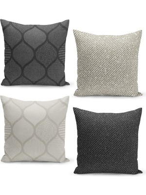 4'lü Kırlent Kılıf Seti Keten Tweed Zemin Görünüm Elle Çizilmiş Dalga Desenli