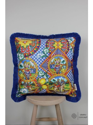 Saks Püsküllü, Asker Dg Desen, Dekoratif 43X43CM Kare Kırlent Kılıfı