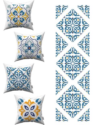 Beyaz Mavi Modern Etnik Karo Desenli 4'lü Kırlent Kılıfı 1 Runner Seti 4KMBS100-RS-02