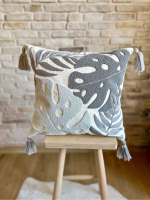 Punch Işlemeli Tekli Dekoratif Özel Tasarım Gri Kırlent Kılıfı (Panç)