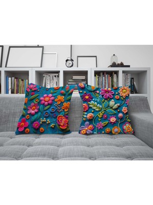 Punch Nakış Desen Dijital Baskılı Sarı Mavi Renklerde 2'li Kırlent - Yastık Kılıfı Lüks Kadife