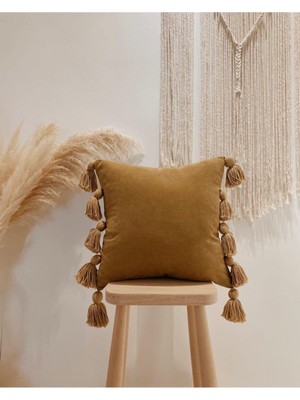 Hestia Home Kırlent Kılıfı Yastık Kılıfı Çok Püsküllü Keten Karamel 40X40 cm