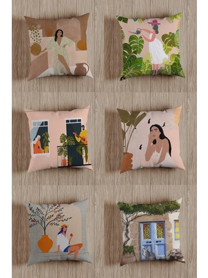 Çift Taraf Baskılı Soyut Kadın Temalı Özel Tasarım Dekoratif Kırlent Kılıfı 6'lı Set