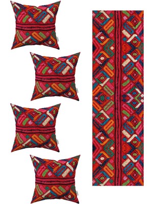 Kırmızı Etnik Dijital Baskılı 4'lü Kırlent Kılıfı 1 Runner Seti 4KMBS326-RS