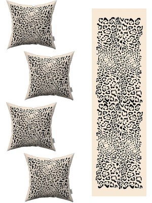 Siyah Krem Leopar Desenli 4'lü Kırlent Kılıfı 1 Runner Seti 4KMBS206-RS
