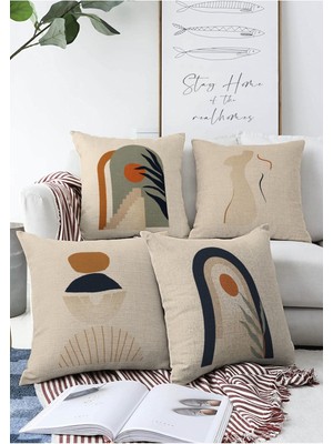 4'lü Çift Taraflı Vizon Zeminli Etnik Çizimli Dijital Baskılı Modern Raşel Örme Kırlent Kılıfı Seti