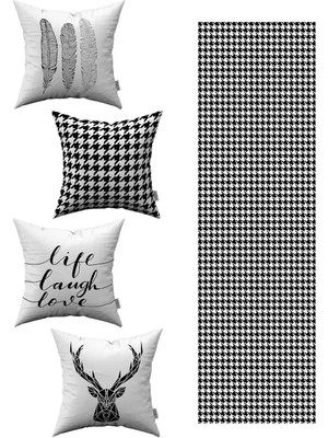 Siyah Beyaz Dekoratif Modern 4'lü Kırlent Kılıfı 1 Runner Seti 4KMBS76-RS