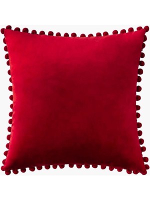 Kırmızı Minik Ponponlu Yumuşak Dokulu Kare Kırlent Kılıfı Iskandinav, Bohem,düz, Sade