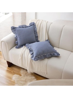 Vintage Fırfırlı Pötikareli %100 Keten Pamuklu   Kırlent Kılıfı Kareli Bohem Kırlent Kılıfı