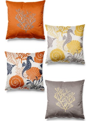 Çift Tarafı Baskılı Coral Desenli 4'lü Süet Kırlent Kılıfı