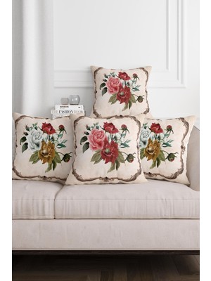 Gül Desenli Kırmızı Renk Suluboya Dijital Baskılı Dekoratif 4lü Kırlent Kılıfı Seti