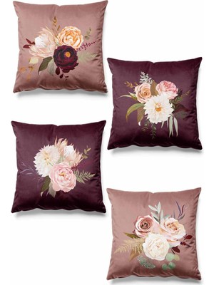 Çift Tarafı Baskılı Dahlia Desenli 4'lü Set Süet Kırlent Kılıfı