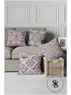 Etnik Modern Osmanlı Çini Motifleri Tasarımlı 4lü Dijital Baskılı Kırlent Kılıfı