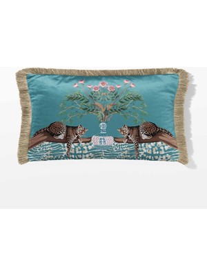 Dikdörtgen Saçaklı Çift Tarafı Baskılı Süet Kırlent Kılıfı - Leopar