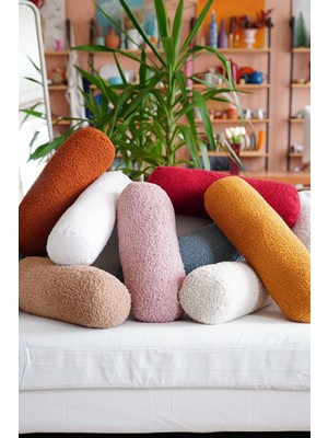 Ithal Teddy Bukle Kumaş Silindir Şeklinde Dekoratif Yastık Iç Dolgulu Dekor Handmade Beyaz