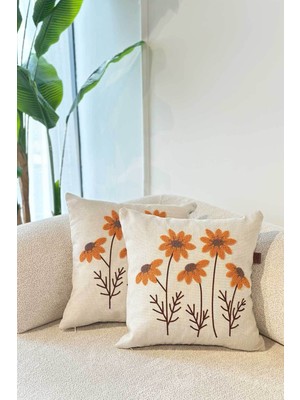 Modern Tufting Punch Nakışlı Keten Karışımlı Ikili Papatya Kırlent Kılıfı Salon Dekor (45X45)