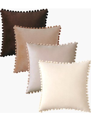 Kahve Tonlar 4 Adet Ponponlu Kırlent Kılıfı Seti 4 Adet 43 x 43 cm Kahverengi, Deve Tüyü, Bej, Krem
