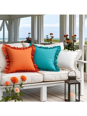 3'lü Turkuaz - Turuncu- Beyaz Country Fırfırlı Kare Kırlent Kılıfı Seti Vintage,bohem