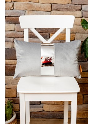 Dekoratif Gri / Gümüş Parlak Deri Detaylı Kadife Kırlent Kılıfı Luna 30*50 cm