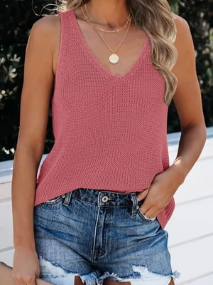 Defy Moda Kadın Kolsuz V Yaka Kalın Askılı Triko Bluz