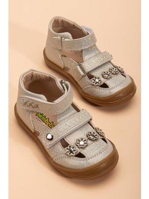 Şirinbebe Ortopedik Kız Bebek Ilkadım Ayakkabı Altın Çift Cırtlı Çiçekli