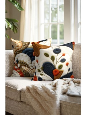 Lacivert Beyaz Nakış Desenli Dijital Baskılı Kırlent Kılıfı. Çift Taraflı 2'li Set