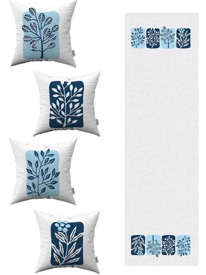 Mavi Beyaz Dekoratif Modern Yaprak Desenli 4'lü Kırlent Kılıfı 1 Runner Seti 4KMBS125-RS