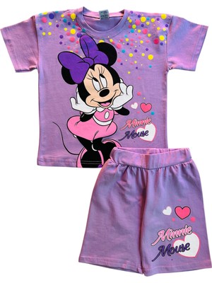 Kız Çocuk Mickey Mouse Desenli  Mor Şortlu Takım