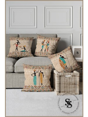 Krem Zemin Etnik Afrika Turkuaz Desenli Dijital Baskılı Kırlent Kılıfı