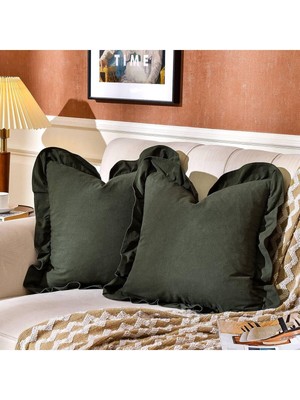 Fırfırlı Koyu Yeşil 2'li Kırlent Kılıfı Kadifemsi, Leke Tutmaz, Boho Veya Çiftlik Evi, Etnik, Retro