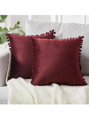 2'li Bordo Minik Ponponlu Yumuşak Dokulu Kırlent Kılıfı Seti ,düz,2 Adet ,ıskandinav,bohem